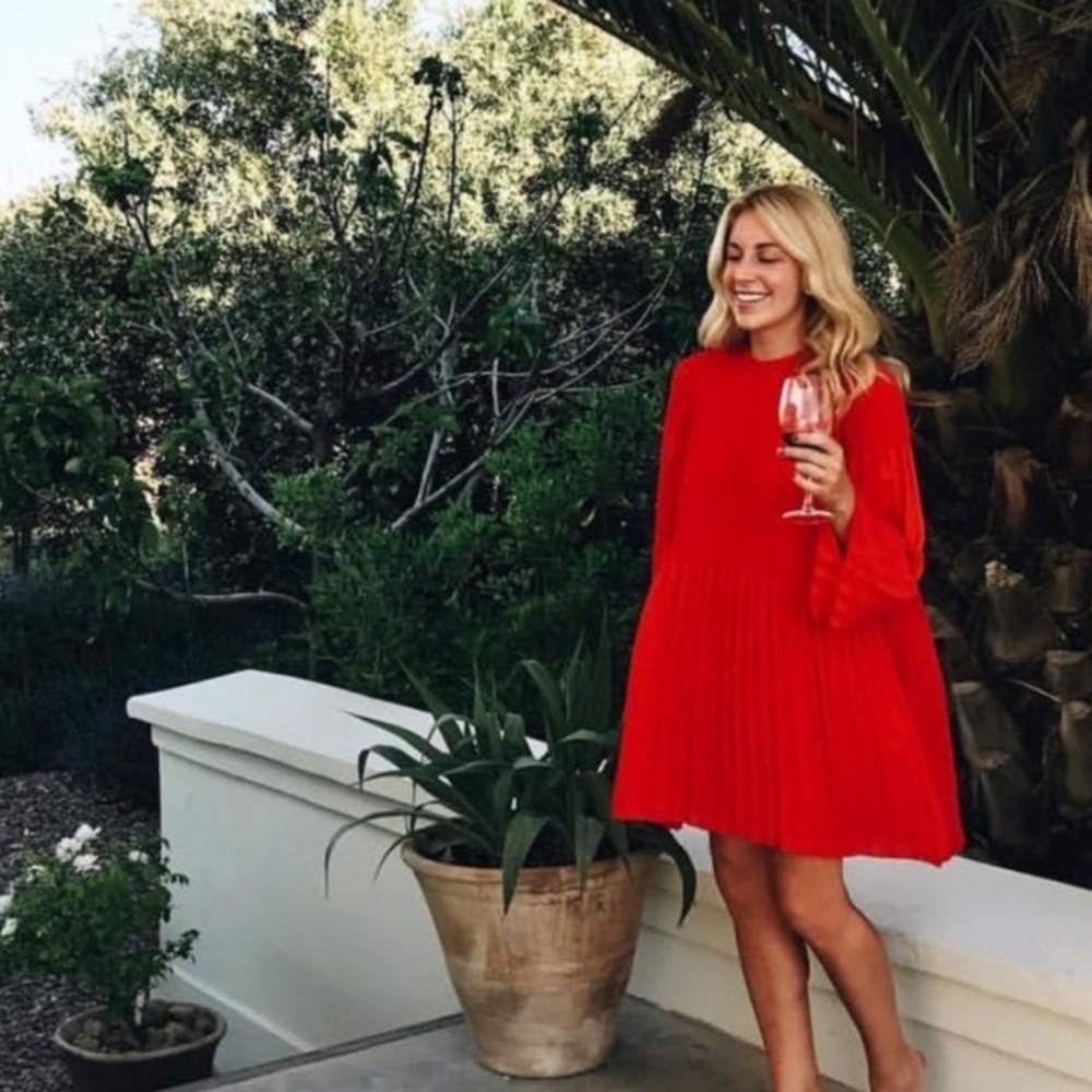 Zara Red Pleated Long-Sleeve Mini Dress